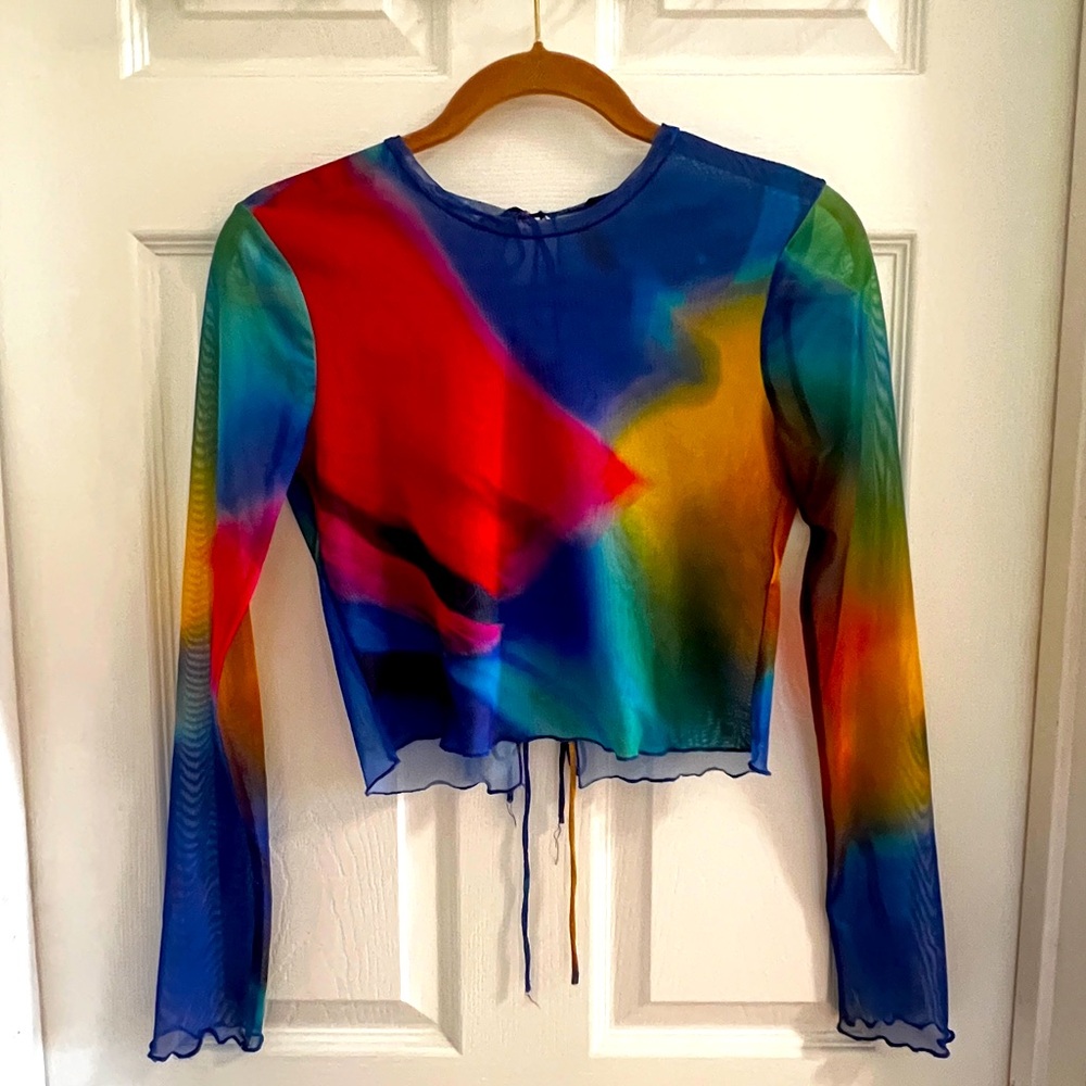 Artistic Jewel Toned Gradient ZARA Tie Front Mesh Crop Blouse